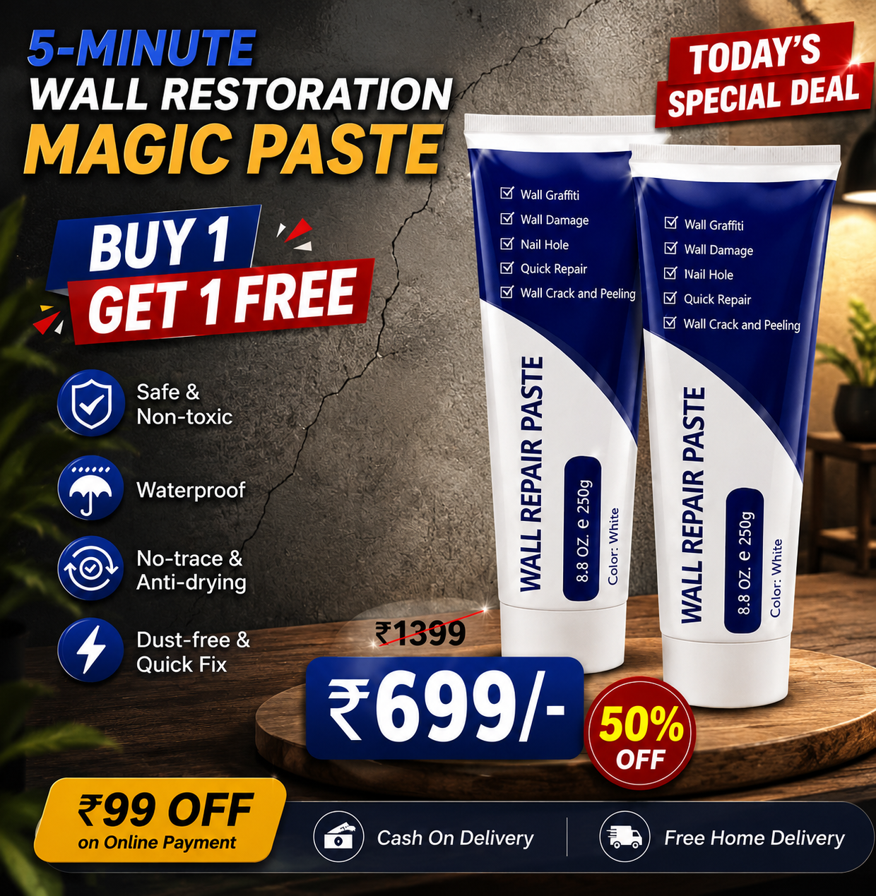 5-Minute Wall Restoration Magic Paste with Long-Lasting Crack Protection Finish (BUY 1 GET 1 FREE)
