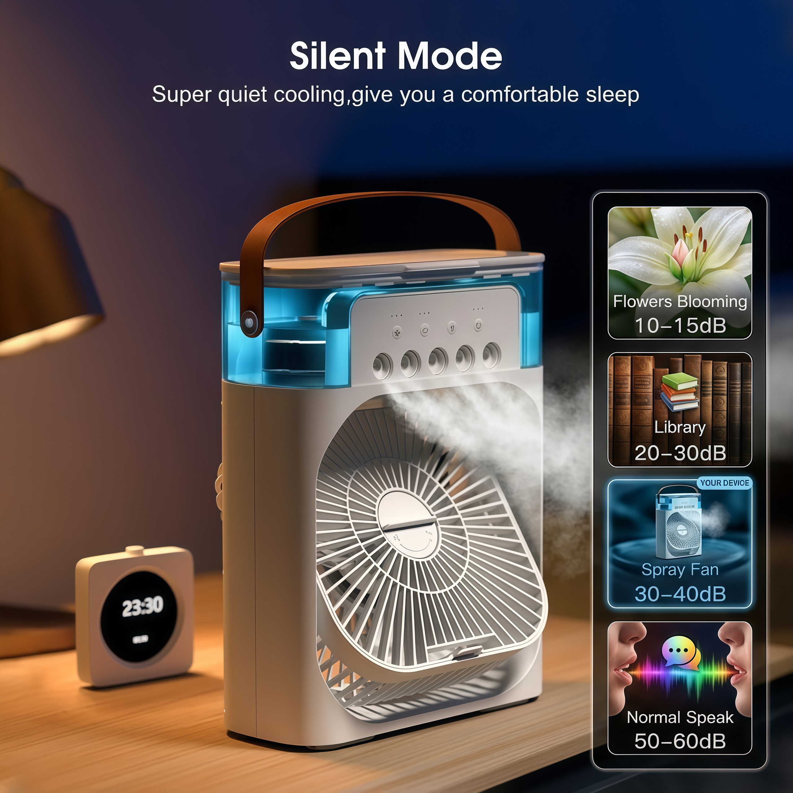 Portable fan with 'Silent Mode' feature on a wooden surface, showing different noise levels.