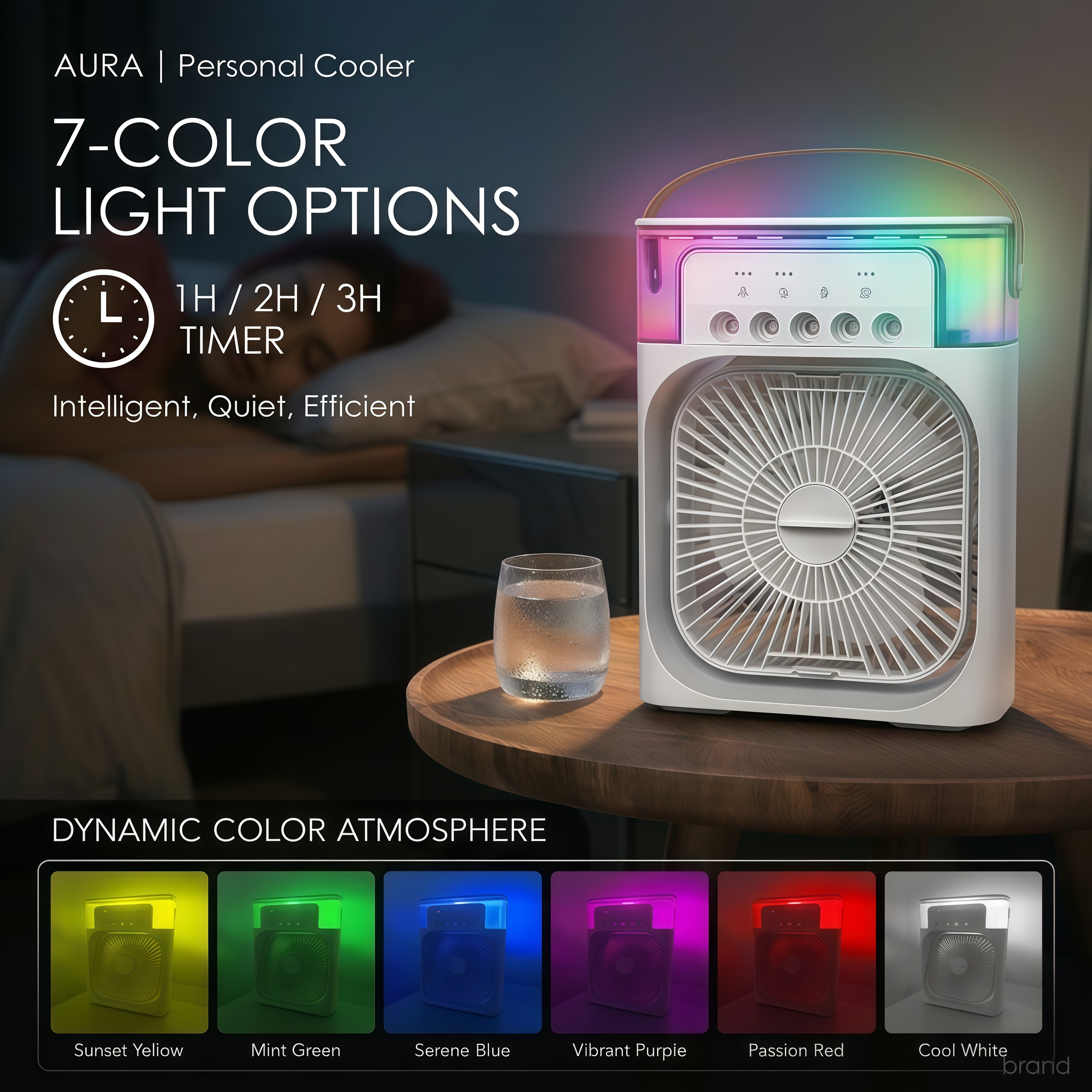 AURA personal cooler with 7-color light options on a table in a bedroom setting.