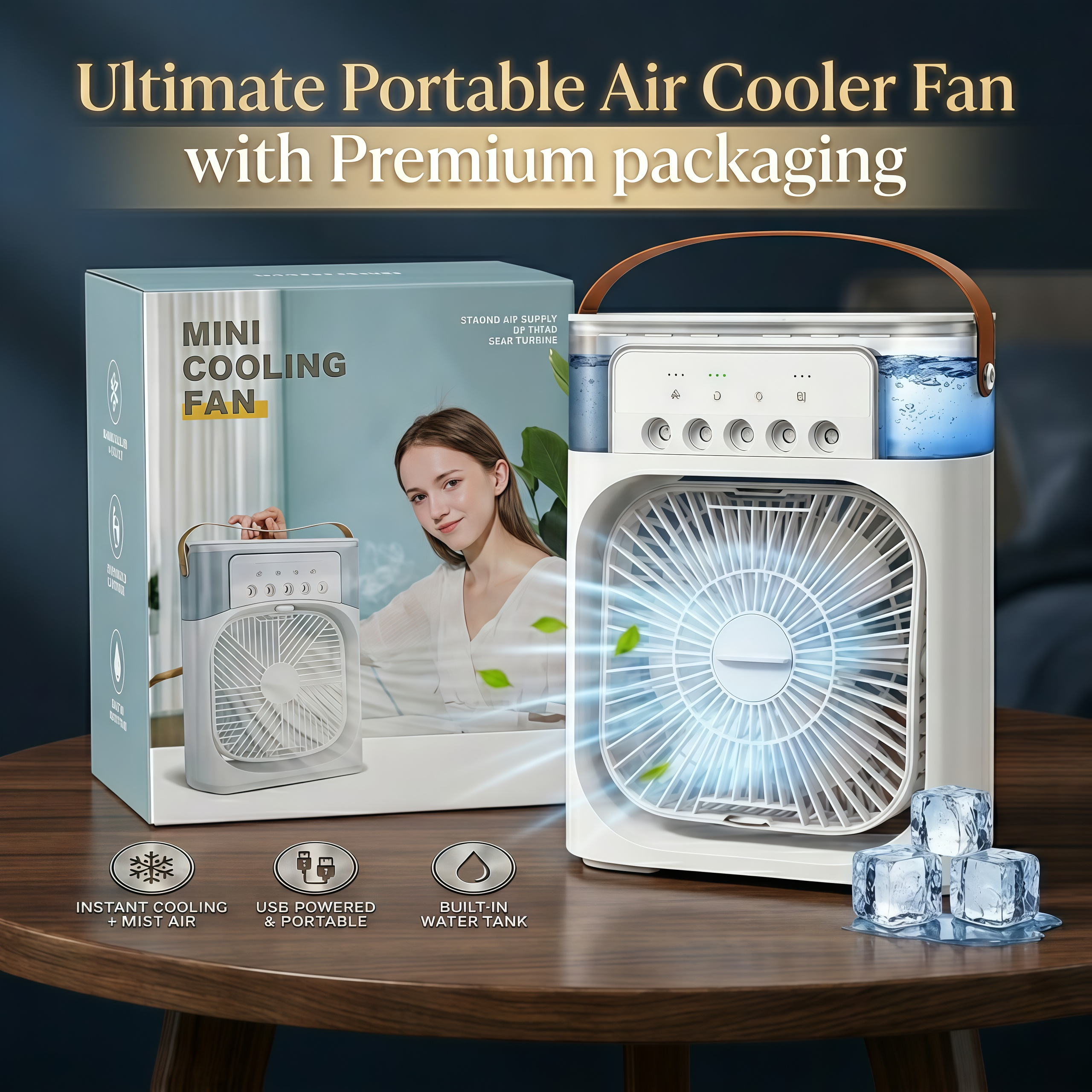 Portable air cooler fan with packaging and ice cubes on a table