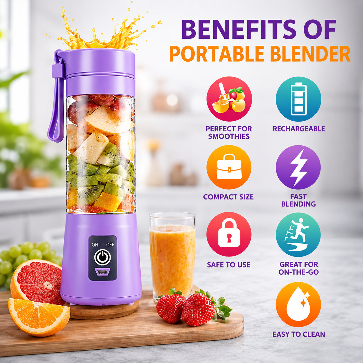 Smart Portable Mini Juicer Blender with USB Rechargeable Battery & High-Performance Motor