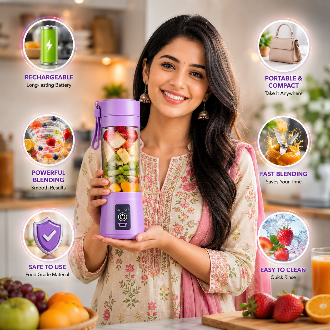 Smart Portable Mini Juicer Blender with USB Rechargeable Battery & High-Performance Motor