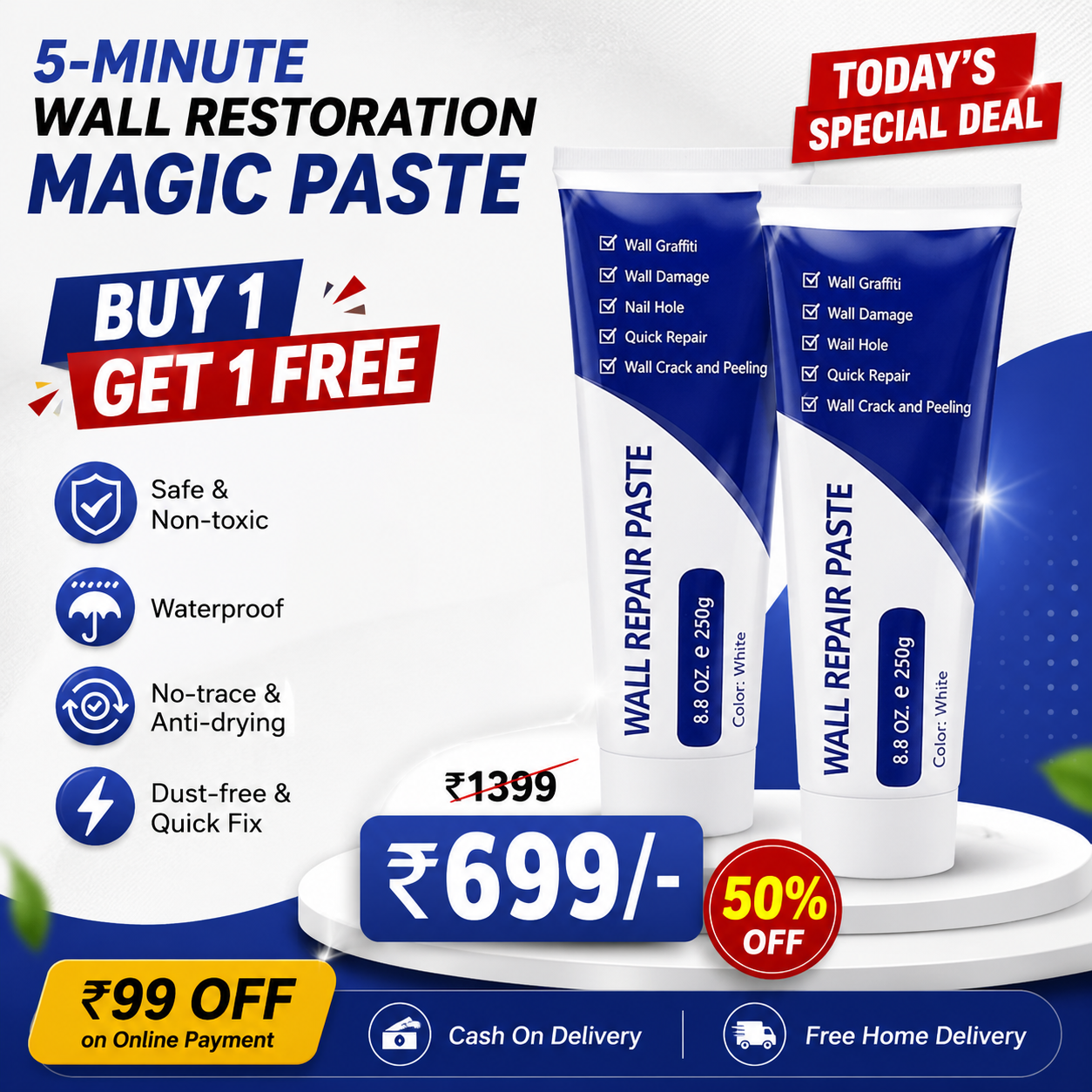 5-Minute Wall Restoration Magic Paste with Long-Lasting Crack Protection Finish (BUY 1 GET 1 FREE)